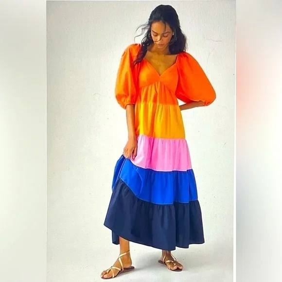 Farm Rio dress maxi NWT color block sz XS tiered - Picture 1 of 12